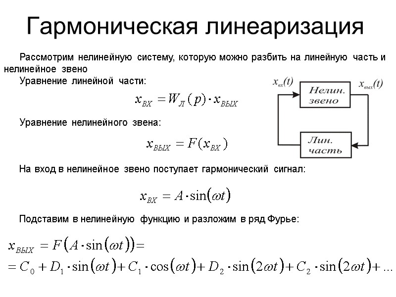 Гармоническая линеаризация  Рассмотрим нелинейную систему, которую можно разбить на линейную часть и нелинейное
